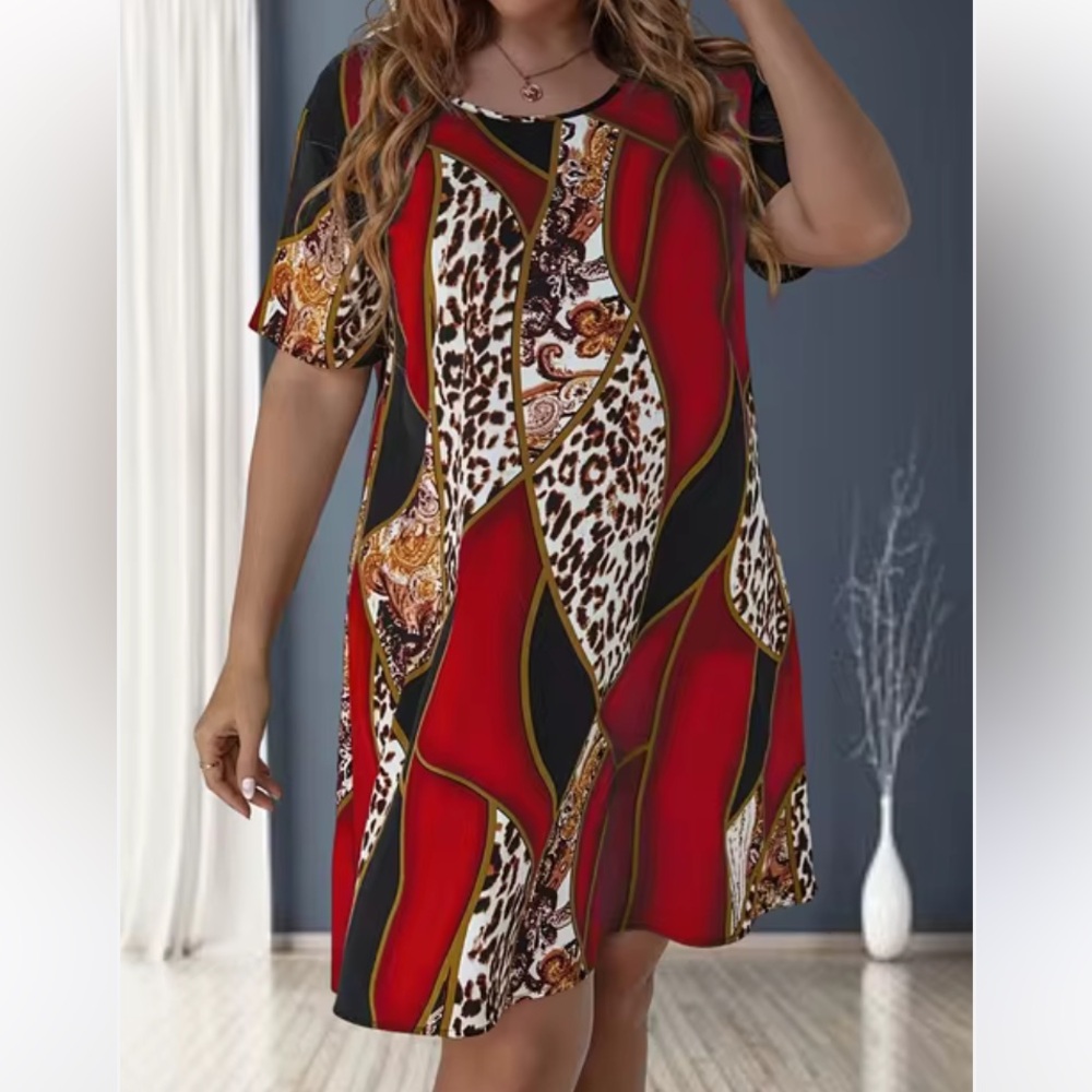 SHEIN Plus Size Leopard Print Loose Dress, Casual Short Sleeve Dress Size 4XL